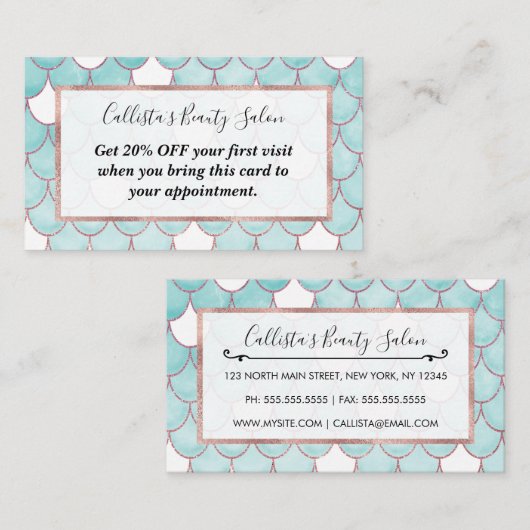 可愛いティール（緑がかった色）ピンクグリッターウォーターカラーマーメイドはかりで測 割引カード (正面/裏面)