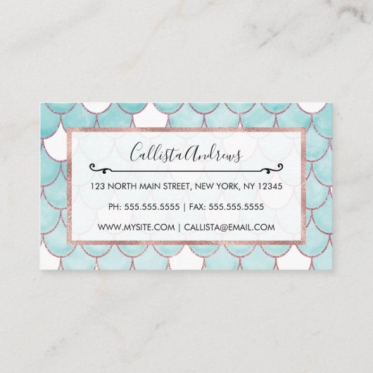 可愛いティール(緑がかった色)ピンクグリッターウォーターカラーマーメイドはかりで測 名刺 (裏面)