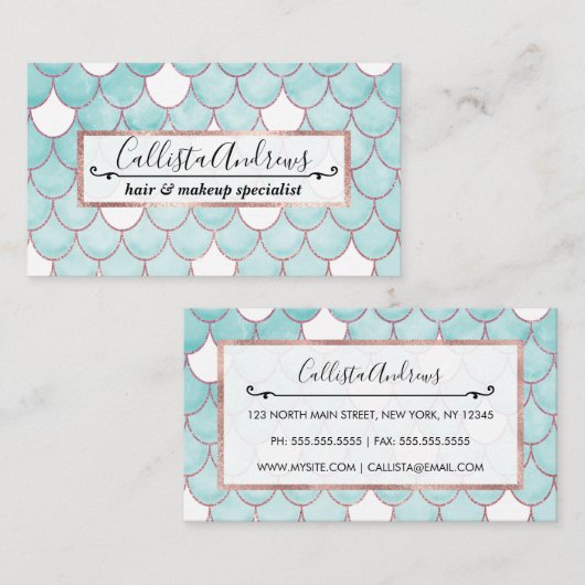 可愛いティール(緑がかった色)ピンクグリッターウォーターカラーマーメイドはかりで測 名刺 (正面/裏面)