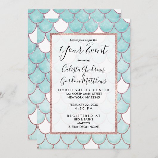 可愛いティール（緑がかった色）ピンクグリッターウォーターカラーマーメイドはかりで測 招待状 (正面/裏面)