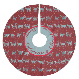 可愛いティール(緑がかった色)猫のシルエットがオーダーメイド ブラッシュドポリエステルツリースカート