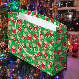 可愛いテディはキャンディカヌレッドグリーンクリスマスをクマ ラージペーパーバッグ