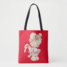 可愛いテディプリント赤いトートバッグ