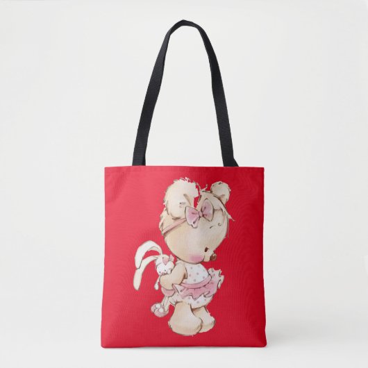 可愛いテディプリント赤いトートバッグ トートバッグ (正面)