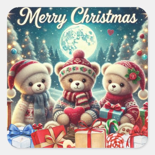 可愛いテディベアがメリークリスマス スクエアシール (正面)