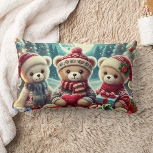 可愛いテディベアがメリークリスマス ランバークッション (ブランケット)