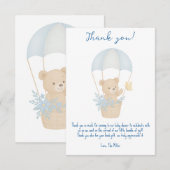 可愛いテディベアとパラシュート赤ちゃんシャワー サンキューカード (正面/裏面)