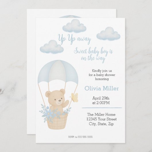 可愛いテディベアとパラシュート赤ちゃんシャワー 招待状 (正面/裏面)