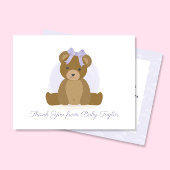 可愛いテディベアとパープルボウ赤ちゃん女の子シャワー サンキューカード