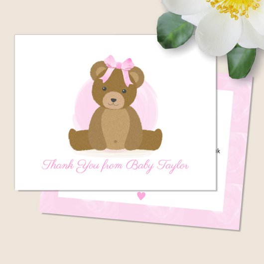 可愛いテディベアとピンクの弓ベビーガールシャワー サンキューカード