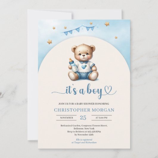 可愛いテディベアとボトルアーチ男の子 招待状 (正面)
