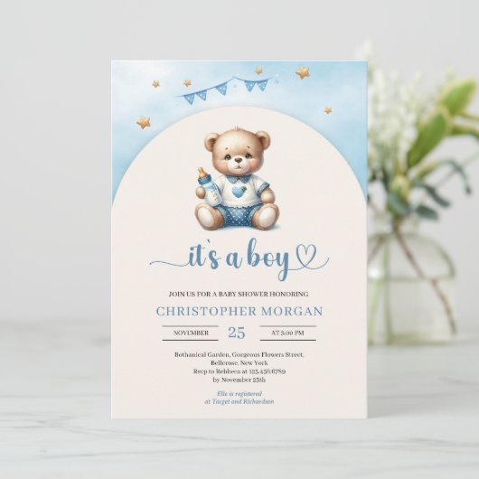 可愛いテディベアとボトルアーチ男の子 招待状 (スタンド正面)