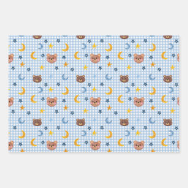 可愛いテディベアとムーンパターン ラッピングペーパーシート
