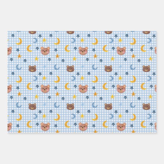 可愛いテディベアとムーンパターン ラッピングペーパーシート (正面)