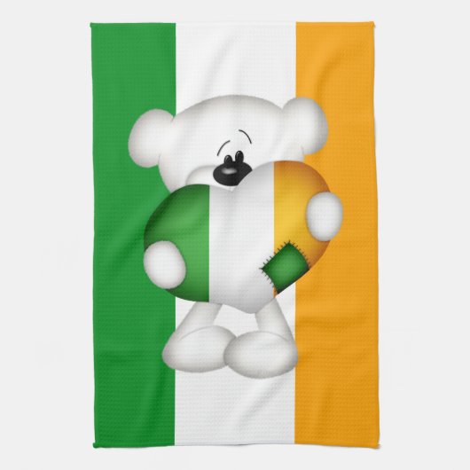 可愛いテディベアと大きなアイルランドハート キッチンタオル (縦)