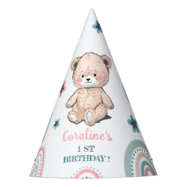 可愛いテディベアと第1の誕生日パーティーハット。 パーティーハット