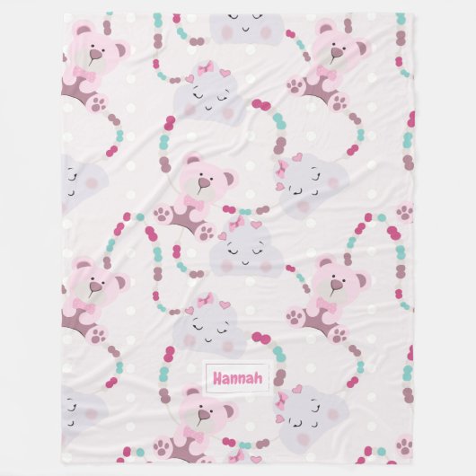 可愛いテディベアと雲ベビーガールパターン フリースブランケット (正面)
