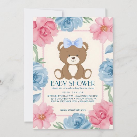 可愛いテディベアと青い弓のベビーシャワー 招待状 (正面)