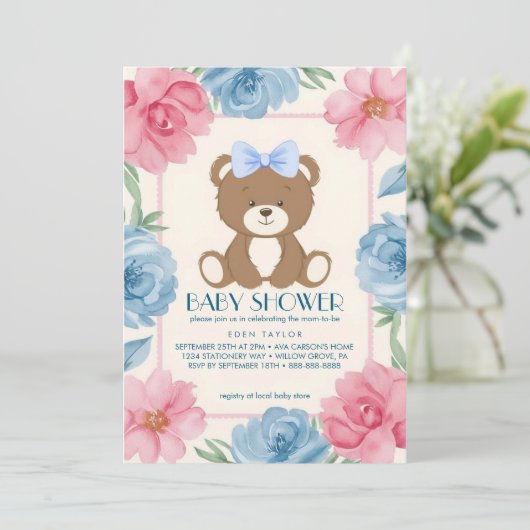 可愛いテディベアと青い弓のベビーシャワー 招待状 (スタンド正面)