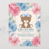 可愛いテディベアと青い弓のベビーシャワー 招待状 (正面/裏面)