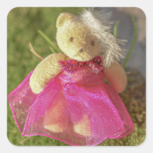 可愛いテディベアのピンクのドレスでパーティー スクエアシール (正面)