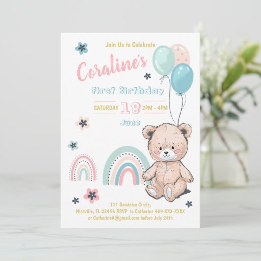 可愛いテディベアの最初の誕生日招待状。 招待状 (スタンド正面)