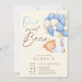 可愛いテディベアの水の色の男の子1st誕生日パーティー 招待状 (正面)