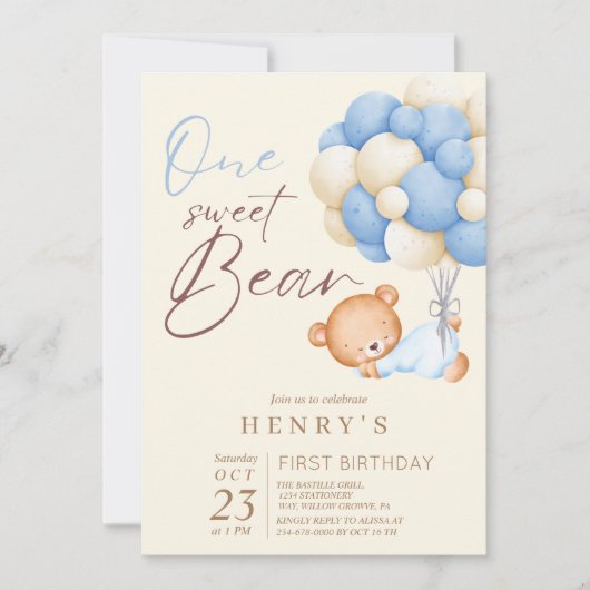 可愛いテディベアの水の色の男の子1st誕生日パーティー 招待状 (正面)