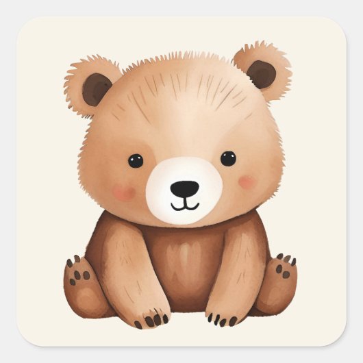 可愛いテディベアウォーター色ベビーウッドランドアニマルズ スクエアシール (正面)