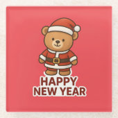 可愛いテディベアサンタハッピーニューイヤーシール ガラスコースター (正面)