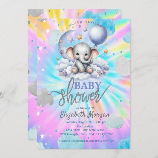 可愛いテディベアスターズ雲絞り染め赤ちゃんシャワー 招待状 (正面/裏面)