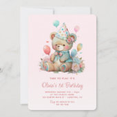 可愛いテディベアバルーンピンク1歳の誕生日 招待状 (正面)
