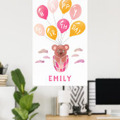 可愛いテディベアバルーン女の子の誕生日パーティー ポスター (ホームオフィス)