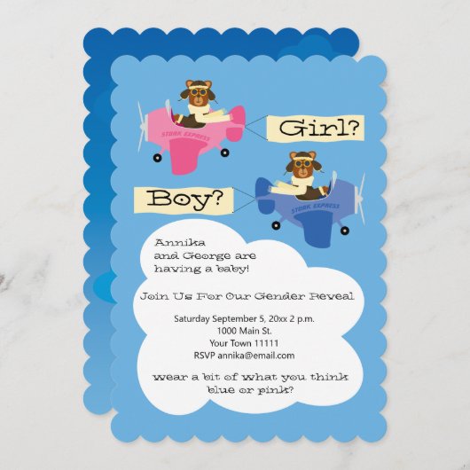 可愛いテディベアパイロット機性別リビール 招待状 (正面/裏面)