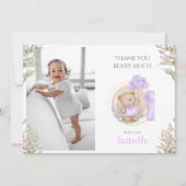 可愛いテディベアパープル1st誕生日の写真 サンキューカード (正面)