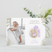 可愛いテディベアパープル1st誕生日の写真 サンキューカード (スタンド正面)