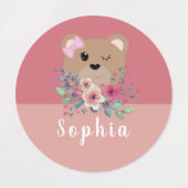 可愛いテディベアピンクの名前キッズスクール ラベル (デザイン1)