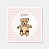 可愛いテディベアピンクの子供の名前の誕生日パーティー スタンダードカクテルナプキン (正面)