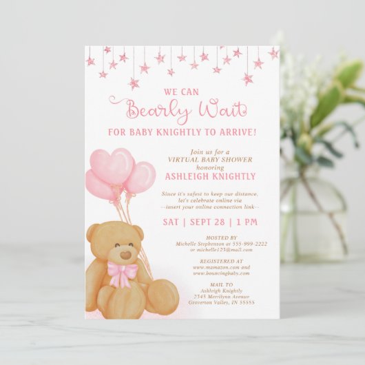 可愛いテディベアピンクバルーン仮想ベビーシャワー 招待状 (スタンド正面)