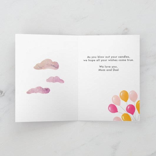 可愛いテディベアピンクバルーン女の子誕生日カード カード (内部)