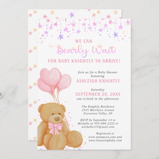 可愛いテディベアピンクバルーン赤ちゃんシャワー 招待状 (正面/裏面)