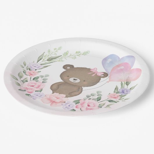 可愛いテディベアピンクパープルフローラバルーンパーティー ペーパープレート (アングル)