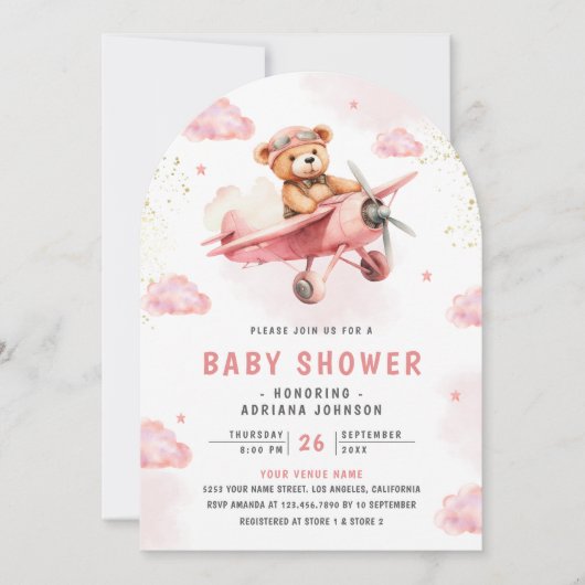 可愛いテディベアピンク飛行機アーチ赤ちゃんシャワー 招待状 (正面)