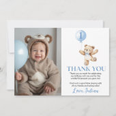 可愛いテディベアブルーバルーンベーリー誕生日写真 サンキューカード (正面)