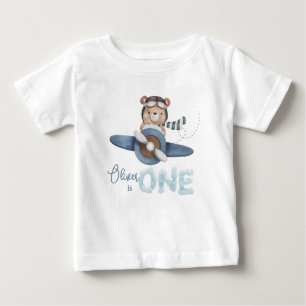 可愛いテディベアブルー飛行機ワンバースデーコーディネート ベビーTシャツ