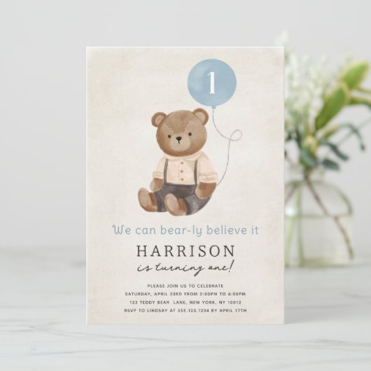可愛いテディベアボーイ誕生日パーティーの招待状 招待状 (スタンド正面)