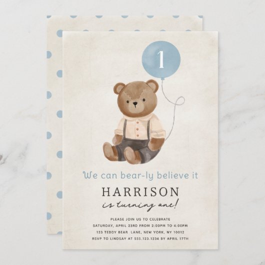 可愛いテディベアボーイ誕生日パーティーの招待状 招待状 (正面/裏面)