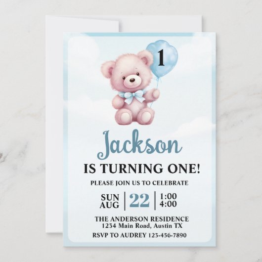 可愛いテディベアボーイ誕生日パーティー 招待状 (正面)