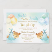 可愛いテディベアーズツインボーイズツインブルーベビーシャワー 招待状 (正面)