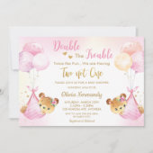 可愛いテディベアーツイン女の子ツインピンク赤ちゃんシャワー 招待状 (正面)